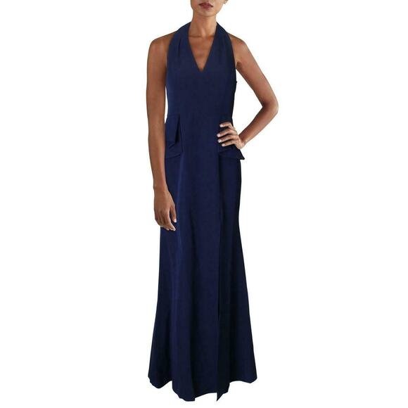 Vince Camuto Peplum Fluted Halter Gown Navy Formal Maxi Prom MOB Black Tie Dress - Picture 1 of 11